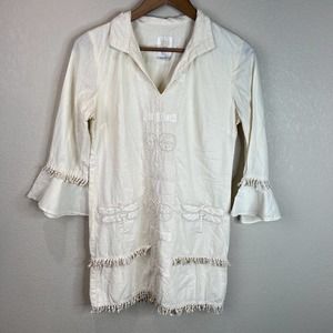 Anna Sui Womens Embroidered Tunic Blouse Size P White‎ Bell Sleeve Fringed Trims